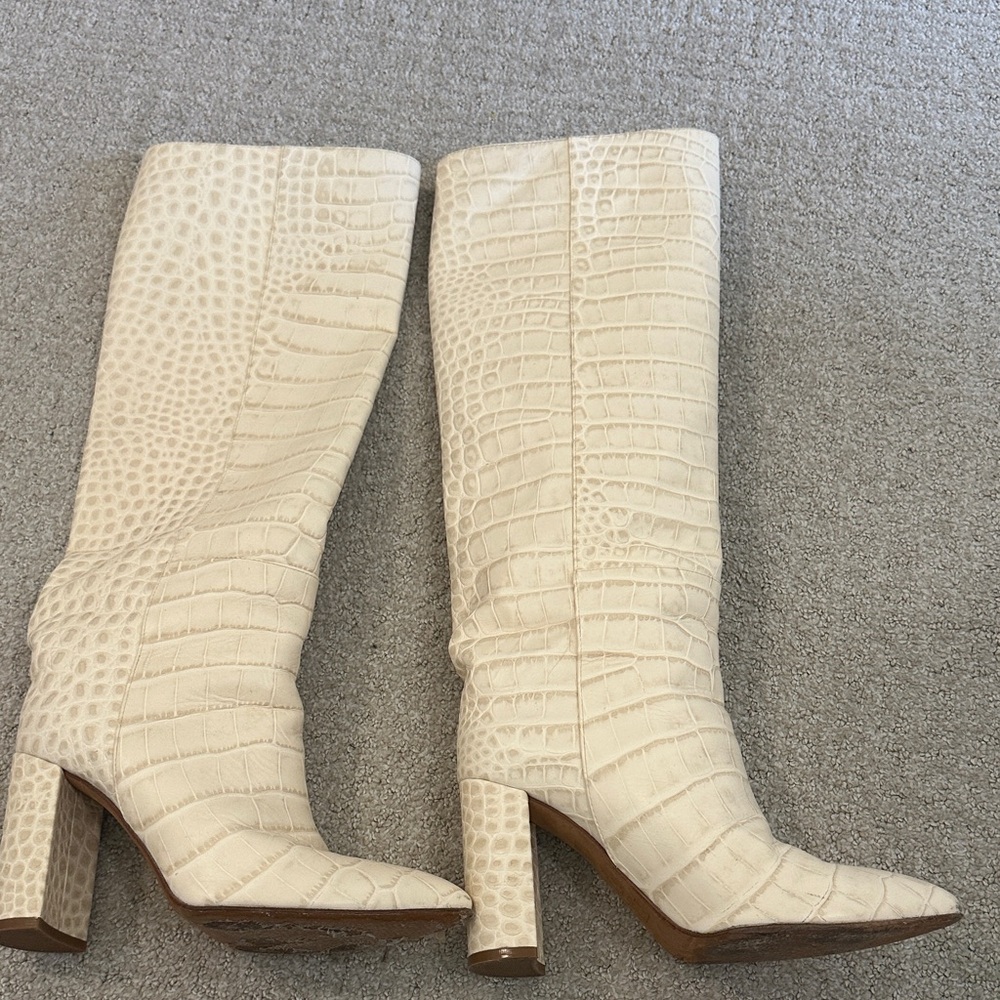 Toral Cream Croc-Embossed Knee Boots